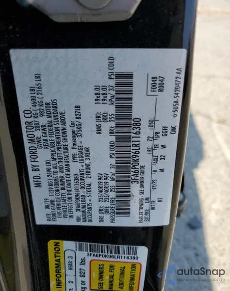 2020 Ford Fusion Titanium from USA, damaged, VIN 3FA6P0K96LR116380